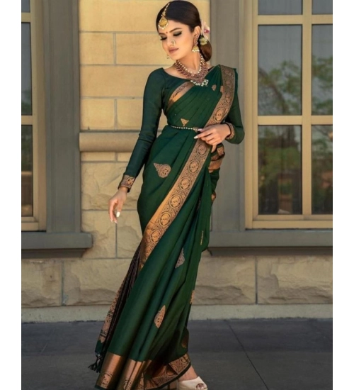 Women's Soft Lichi Silk Printed Saree With Unstitched Blouse 5.5Mtr (Green)