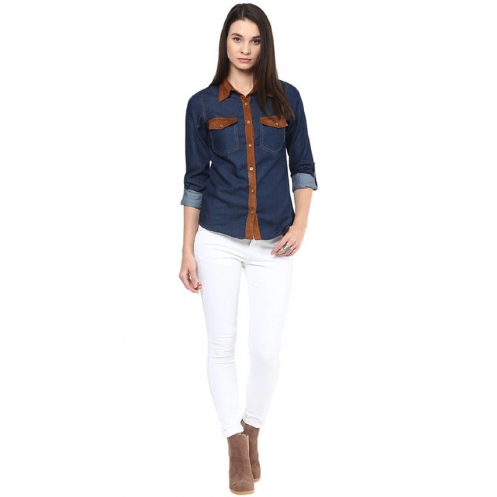 Women's Denim Cotton based Solid Long Sleeves Shirt (Blue) Women's Denim Cotton based Solid Long Sleeves Shirt (Blue)