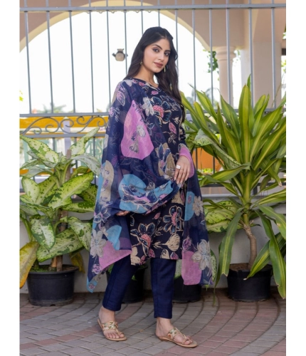Women's Cotton Blend Printed Kurti With Pant Dupatta Set (NavyBlue)