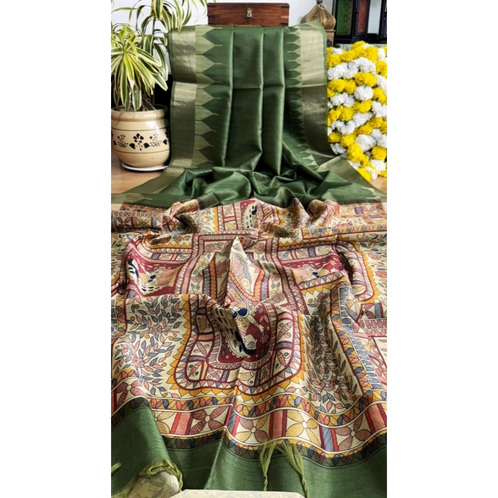 Women's Tussar Silk Madhubani Saree With Unstitched Blouse 5.5Mtr (Green) Women's Tussar Silk Madhubani Saree With Unstitched Blouse 5.5Mtr (Green)