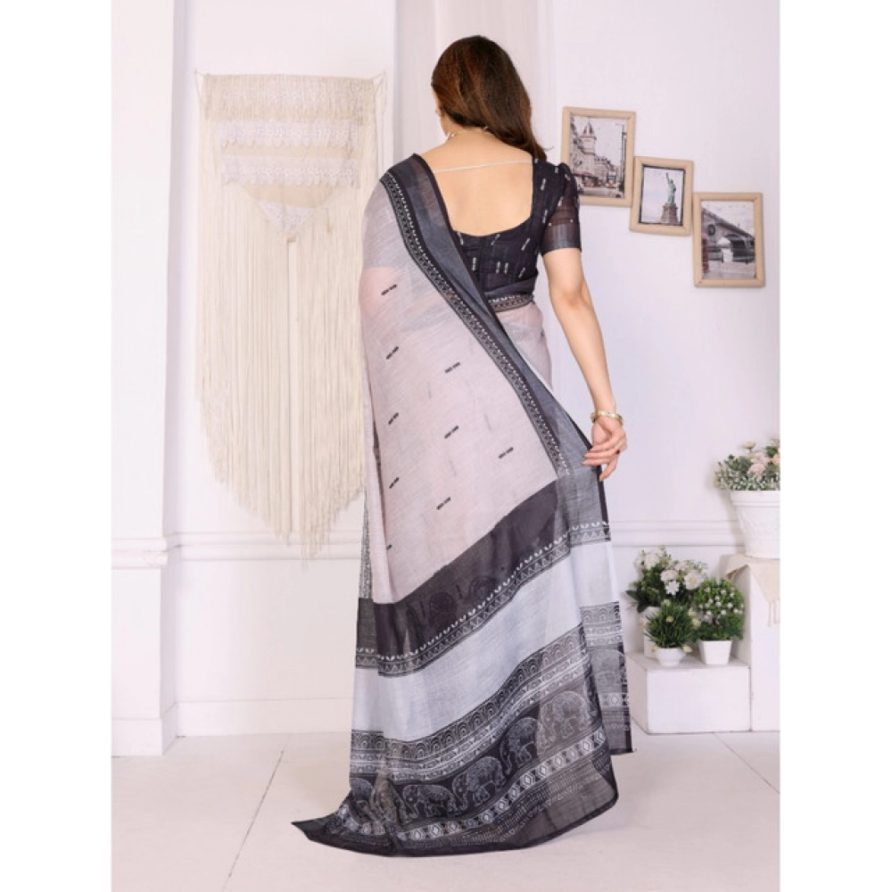 Women's Linen Cotton  Printed Saree With Unstitched Blouse 5.5Mtr (White &amp; Black)