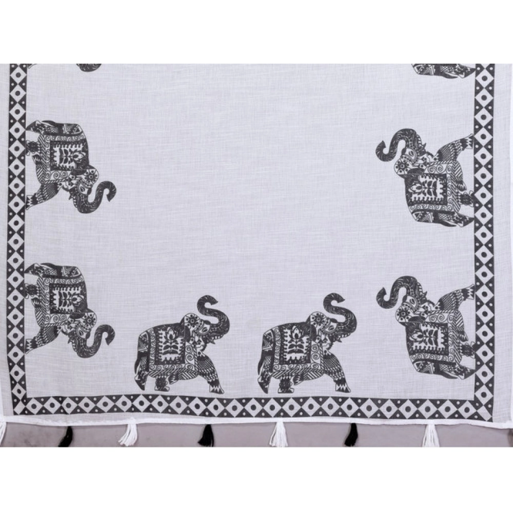 Women's Linen Cotton Printed Saree With Unstitched Blouse 5.5Mtr (White)