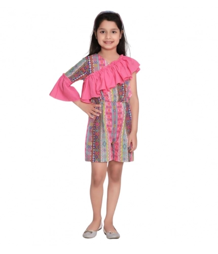 Girl's Cotton &amp; Polyester Printed 3/4th Sleeves Dress (Pink)