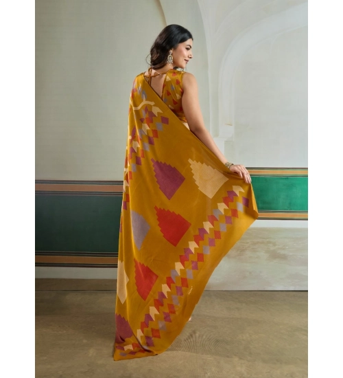 Women's Satin Crepe Printed Saree With Unstitched Blouse 5.5Mtr (Mustard)