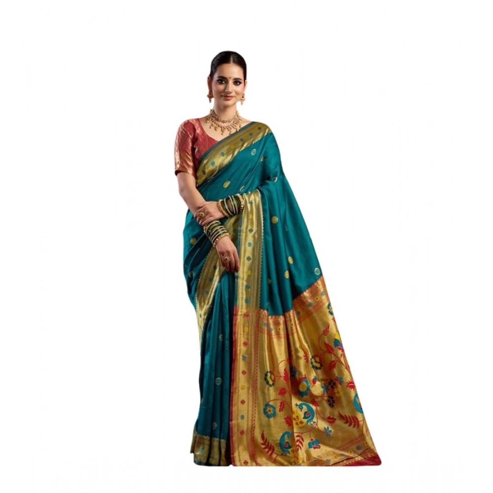 Women's Silk Blend Woven Saree With Unstitched Blouse 5.5 Mtr (Teal)