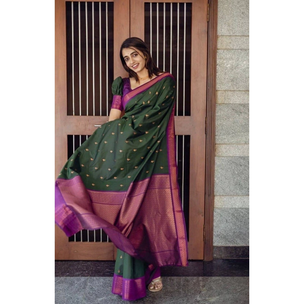 Women's Litchi silk Printed Saree With Unstitched Blouse (Dark Green) Women's Litchi silk Printed Saree With Unstitched Blouse (Dark Green)