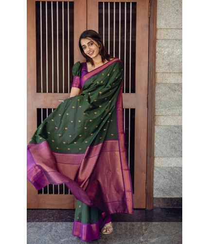 Women's Litchi silk Printed Saree With Unstitched Blouse (Dark Green) Women's Litchi silk Printed Saree With Unstitched Blouse (Dark Green)