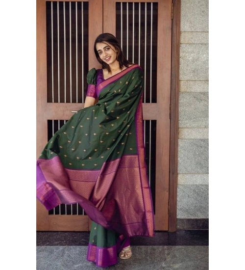 Women's Litchi silk Printed Saree With Unstitched Blouse (Dark Green)
