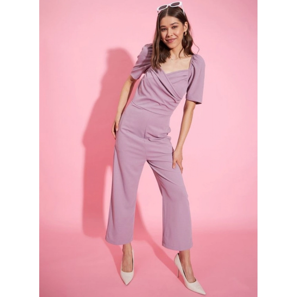 Women's Polyester Lycra Solid Puff Sleeve Jumpsuit (Lavender)