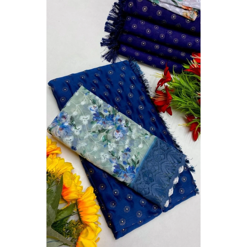 Women's Printed Brasso Saree With Unstitched Blouse (Skblue, 5-6 Mtrs) Women's Printed Brasso Saree With Unstitched Blouse (Skblue, 5-6 Mtrs)