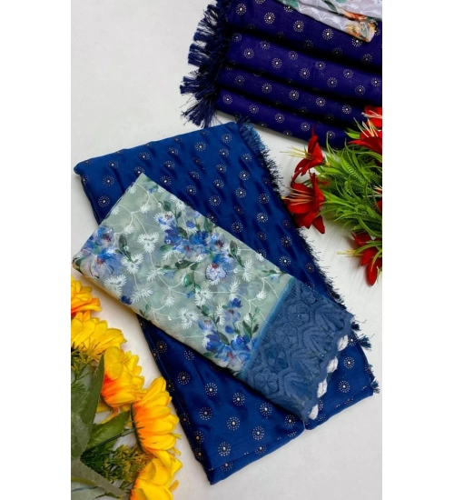 Women's Printed Brasso Saree With Unstitched Blouse (Skblue, 5-6 Mtrs)