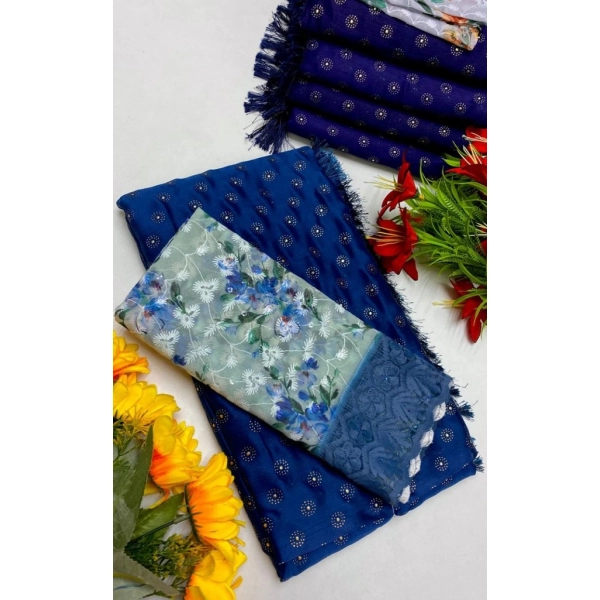 Dropship Women's Printed Brasso Saree With Unstitched Blouse (Skblue, 5-6 Mtrs)