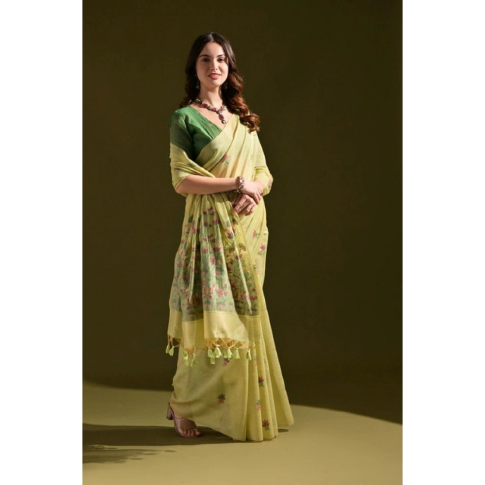 Women's Blended_Cotton Floral Saree With Unstitched Blouse 5.5Mtr (Light_Green) Women's Blended_Cotton Floral Saree With Unstitched Blouse 5.5Mtr (Light_Green)