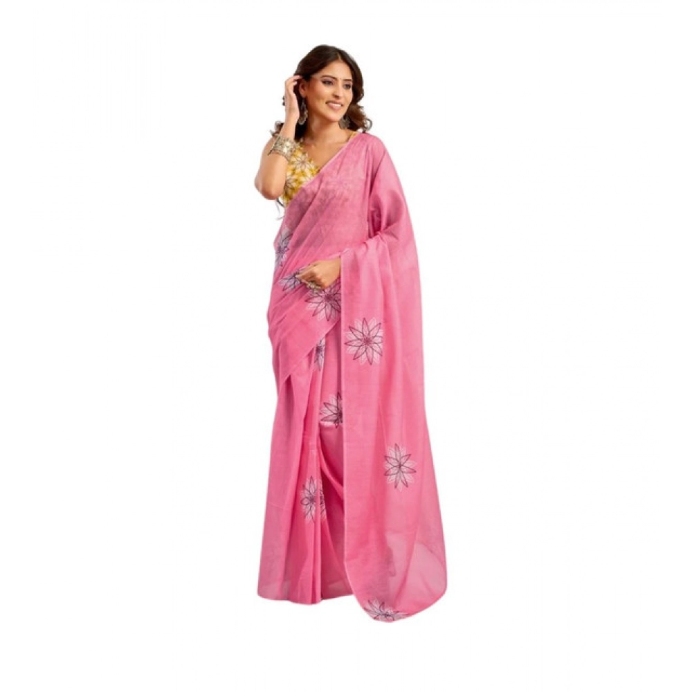 Women's Linen Cotton Printed Ready To Wear Saree With Unstitched Blouse 5.5 Mtr (Pink)