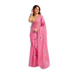 Women's Linen Cotton Printed Ready To Wear Saree With Unstitched Blouse 5.5 Mtr (Pink)