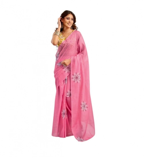 Women's Linen Cotton Printed Ready To Wear Saree With Unstitched Blouse 5.5 Mtr (Pink)