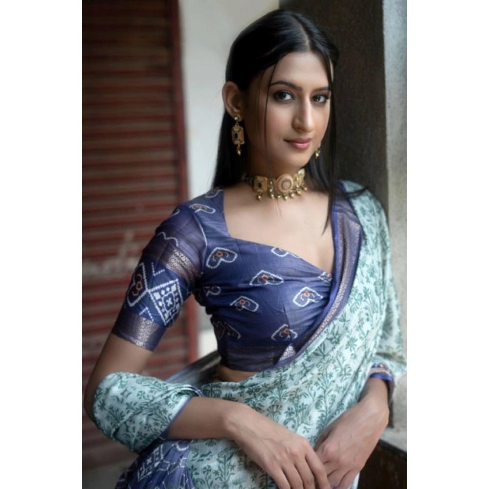 Women's Polyester Printed Saree With Unstitched Blouse 5.5 Mtr (Green)