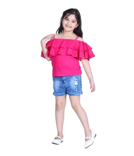 Girl's Rayon Solid Cold Shoulder Top with Shorts (Pink-Blue)