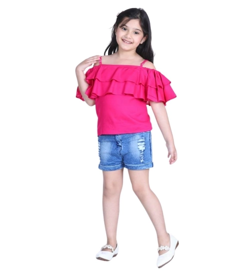 Girl's Rayon Solid Cold Shoulder Top with Shorts (Pink-Blue)