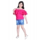 Girl's Rayon Solid Cold Shoulder Top with Shorts (Pink-Blue)
