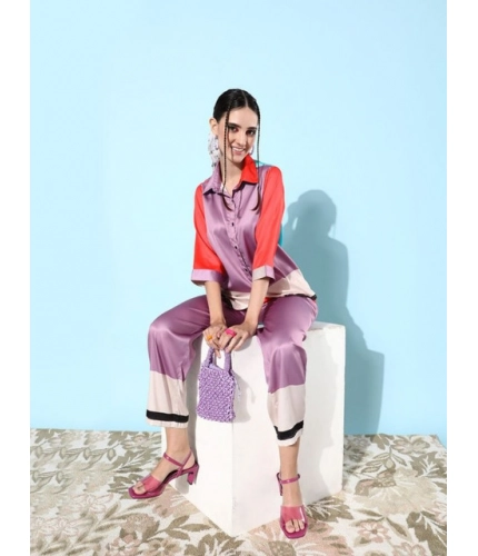 Women's Satin Colour Block Long Sleeves Co-Ord Set (Multicolor)