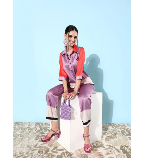 Women's Satin Colour Block Long Sleeves Co-Ord Set (Multicolor)