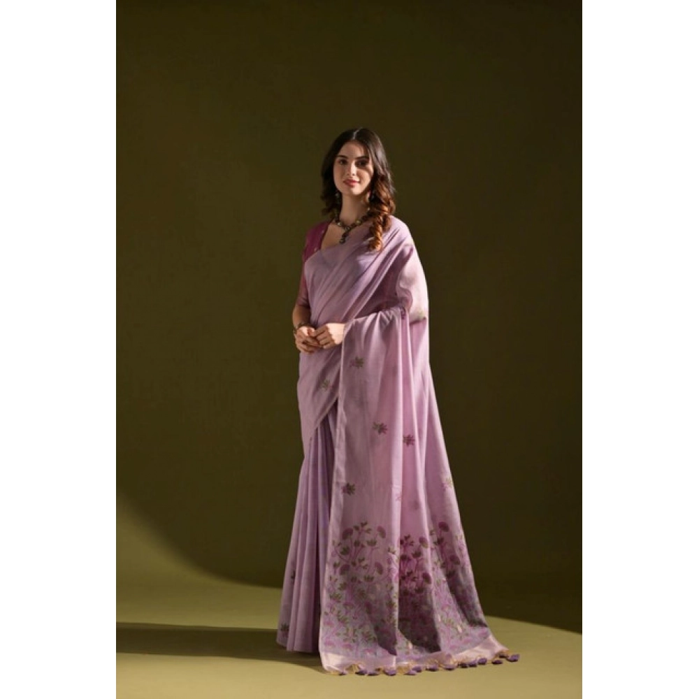 Women's Blended_Cotton Floral Saree With Unstitched Blouse 5.5Mtr (Lavender) Women's Blended_Cotton Floral Saree With Unstitched Blouse 5.5Mtr (Lavender)