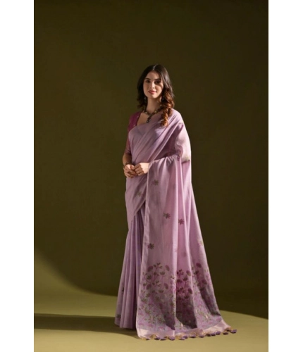 Women's Blended_Cotton Floral Saree With Unstitched Blouse 5.5Mtr (Lavender)