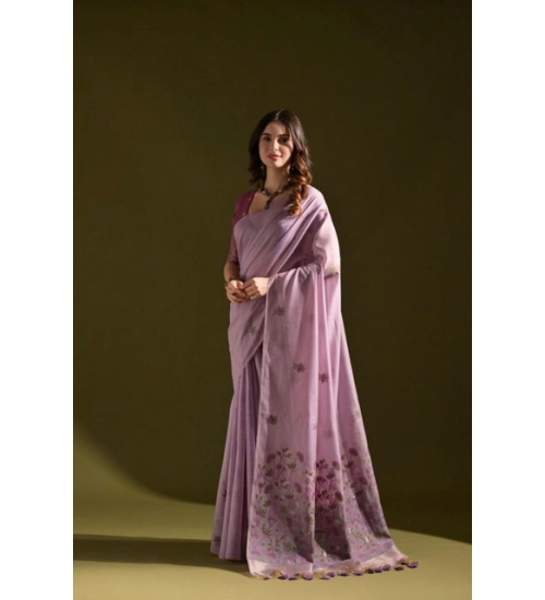 Women's Blended_Cotton Floral Saree With Unstitched Blouse 5.5Mtr (Lavender)