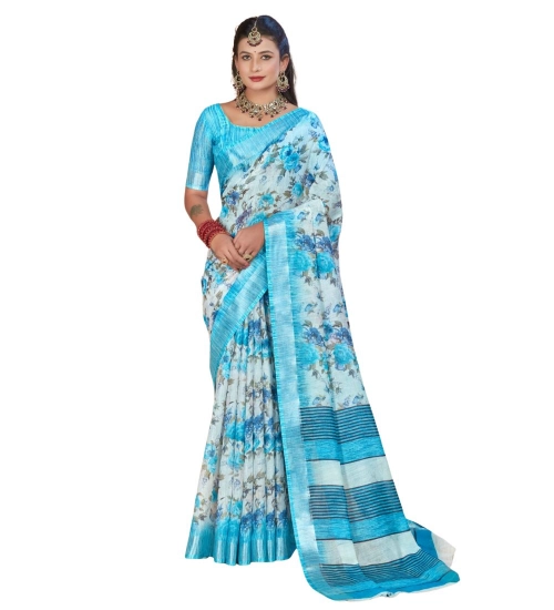 Women's Printed Cotton Linen Saree withPrinted  Saree With Unstitched Blouse (Blue, 5-6Mtrs)