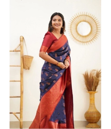 Women's Litchi silk Printed Saree With Unstitched Blouse (Blue) Women's Litchi silk Printed Saree With Unstitched Blouse (Blue)