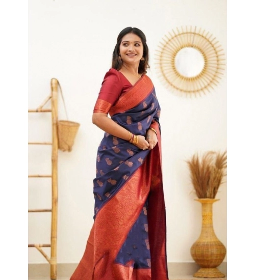 Women's Litchi silk Printed Saree With Unstitched Blouse (Blue)
