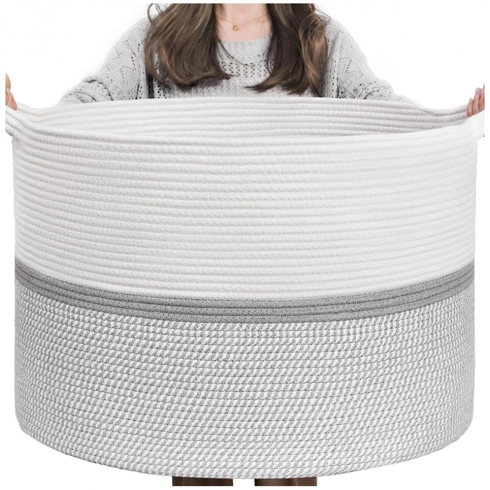 Cotton Dori 16x14 Inch Storage Basket For Clothes (White-Gray White)