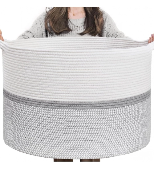Cotton Dori 16x14 Inch Storage Basket For Clothes (White-Gray White)