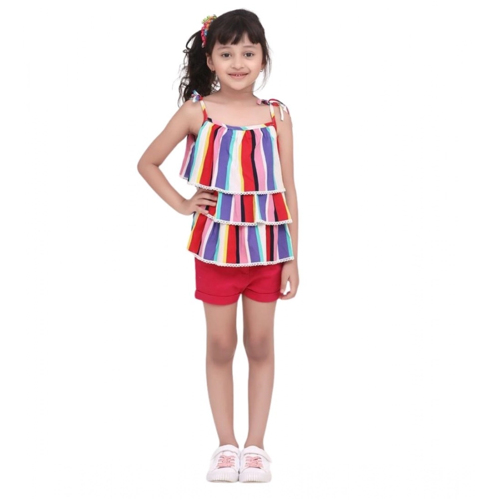 Girl's Polyester Crepe Striped Tie Ups Shorts Set (Multicolor)