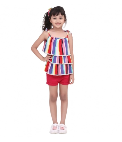 Girl's Polyester Crepe Striped Tie Ups Shorts Set (Multicolor)