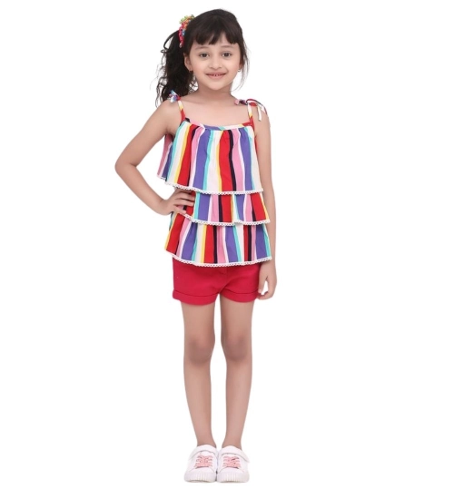 Girl's Polyester Crepe Striped Tie Ups Shorts Set (Multicolor)