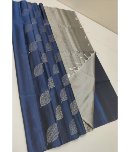 Women's Litchi silk Printed Saree With Unstitched Blouse (Dark Blue)