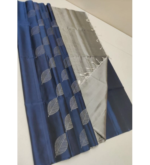 Women's Litchi silk Printed Saree With Unstitched Blouse (Dark Blue)