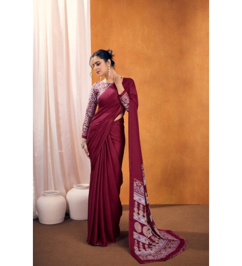 Women's Satin Crepe Printed Saree With Unstitched Blouse 5.5Mtr (Maroon)