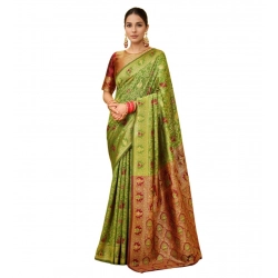 Women's Silk Blend Woven Paithani Saree With Unstitched Blouse 5.5Mtr (Light Green)