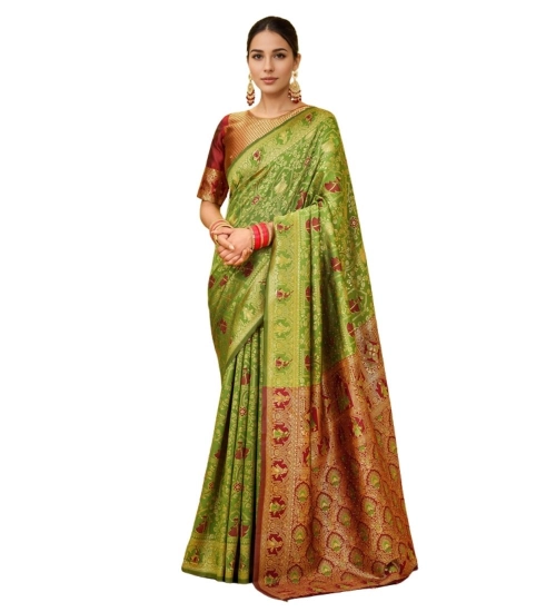 Women's Silk Blend Woven Paithani Saree With Unstitched Blouse 5.5Mtr (Light Green)