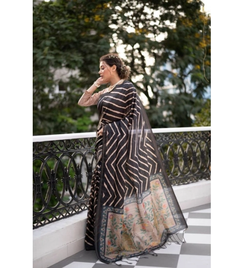 Women's Faux_Tussar_Silk Geometric_Print Saree With Unstitched Blouse 5.5Mtr (Black)
