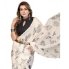 Women's Linen Cotton Printed Saree With Unstitched Blouse 5.5Mtr (Off White)