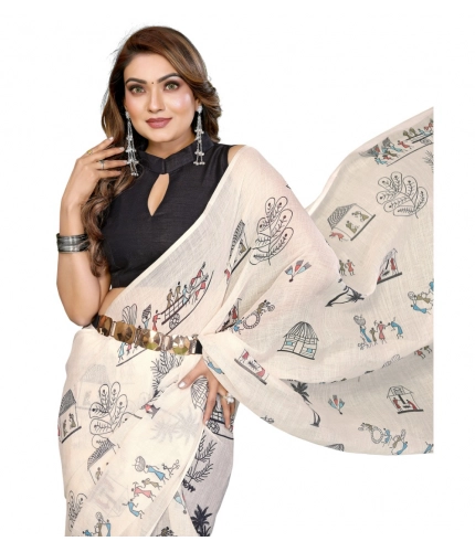 Women's Linen Cotton Printed Saree With Unstitched Blouse 5.5Mtr (Off White)