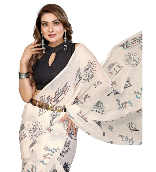 Women's Linen Cotton Printed Saree With Unstitched Blouse 5.5Mtr (Off White)