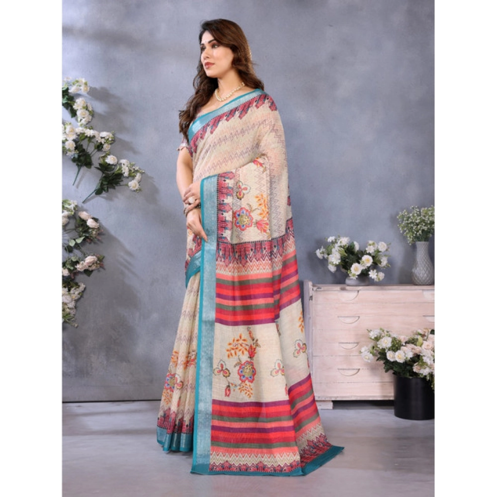 Women's Linen Cotton  Printed Saree With Unstitched Blouse 5.5Mtr (Cream)