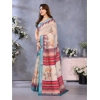 Women's Linen Cotton  Printed Saree With Unstitched Blouse 5.5Mtr (Cream)