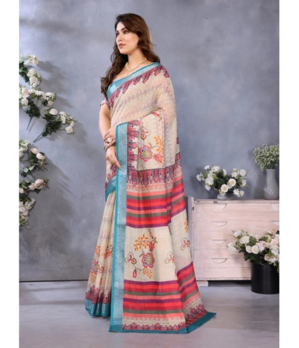 Women's Linen Cotton Printed Saree With Unstitched Blouse 5.5Mtr (Cream) Women's Linen Cotton Printed Saree With Unstitched Blouse 5.5Mtr (Cream)