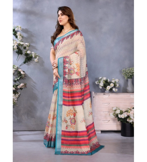 Women's Linen Cotton  Printed Saree With Unstitched Blouse 5.5Mtr (Cream)